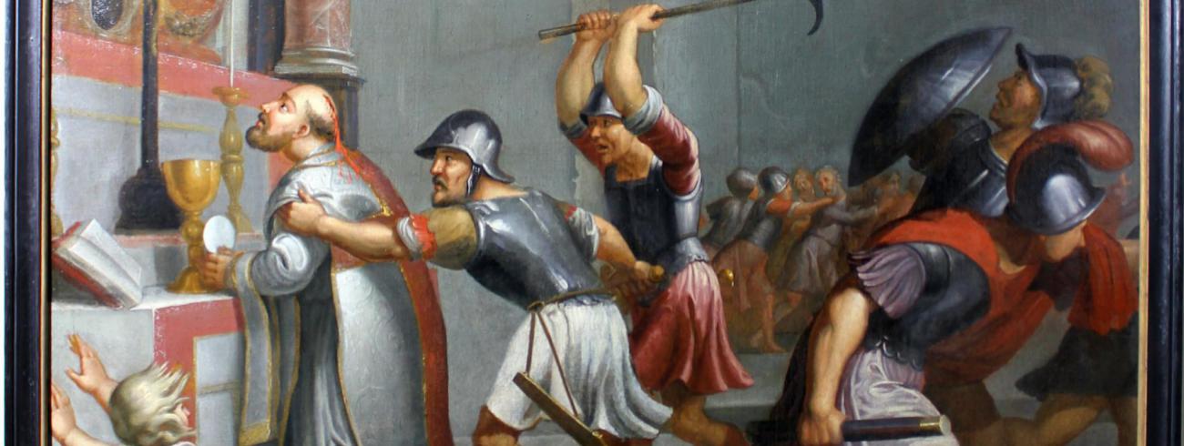 Moord op priester Fredegerus, schilderij in de Sint-Pieterskapel door F. Cuyl, 1698 