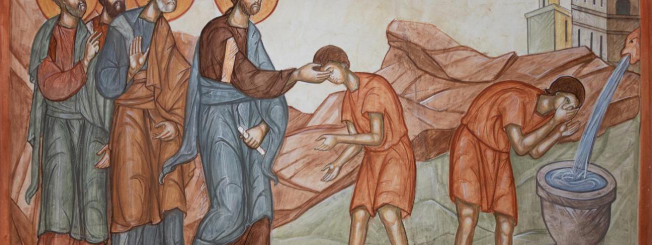 Fresco in de orthodoxe Andreaskerk: genezing van de blindgeborene – © J.P.Vanhopplinus © © J.P.Vanhopplinus