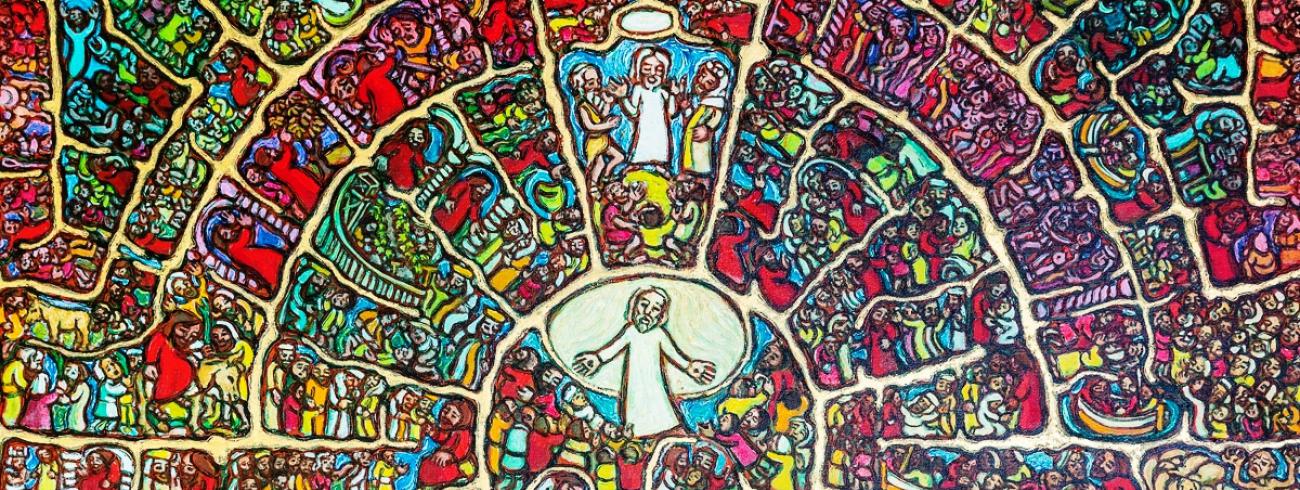 De figuren in het werk van de religieuze kunst van Peter Clare doen denken aan iconen- en glaskunst. In dit schilderij is het hele Marcusevangelie verwerkt. © Peter Clare / Cover 'Ga anders denken', Berne Media en Ignis Webmagazine
