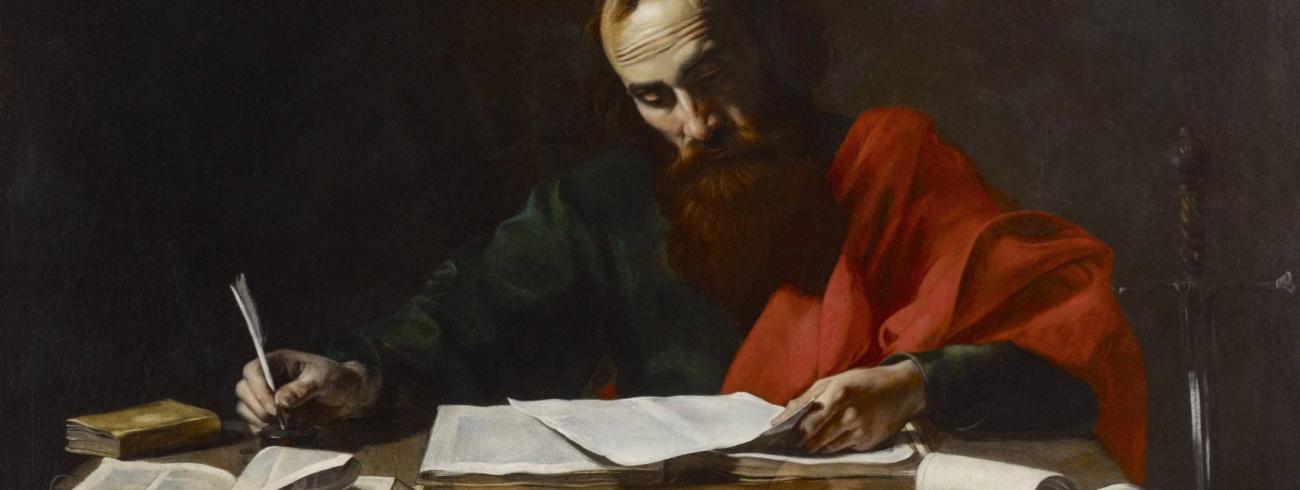Paulus schrijft zijn brieven. Schilderij toegeschreven aan Sint-Valentijn van Boulogne 