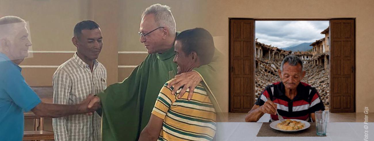 Padre Pedro is geliefd bij zijn parochianen (links). Hij droomt ervan om tussen de armste mensen te gaan wonen, in La Concordia, waar hij jarenlang mee hielp bouwen aan een sterke gemeenschap (rechts). ©  Peter Gijs