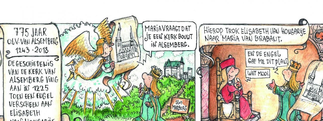Stripverhaal voor de jeugd over de legende over het ontstaan van de eerste stenen kerk te Alsemberg. © Joris Snaet