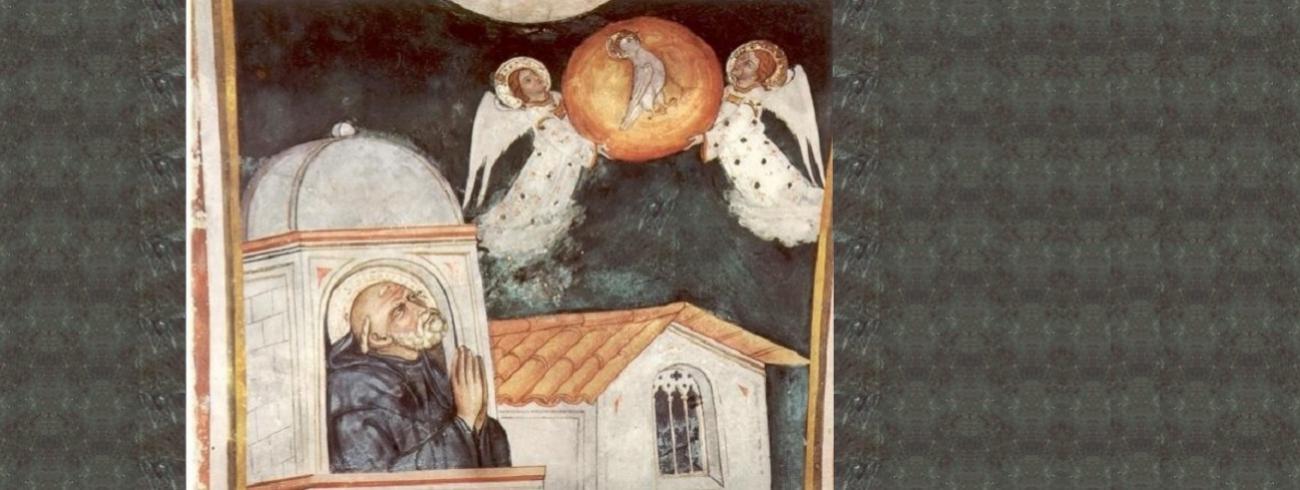 Benedictus ziet vanuit een toren in Montecassino de ziel van zijn zuster Scholastica in de gedaante van een duif ten hemel stijgen - Fresco Umbria-Marchigiana school, 15de eeuw 