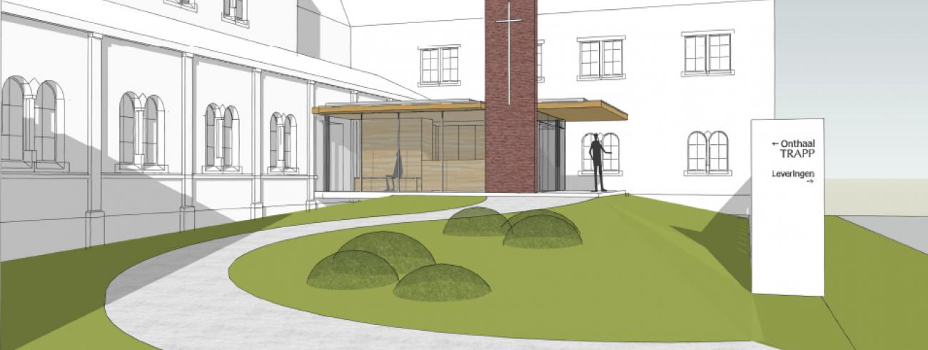 De nieuwe toegang tot de kerk, met lage drempel, wil iedereen welkom heten. © Abdij OLV Nazareth 