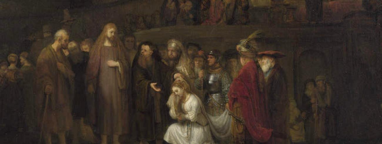 Jezus en de overspelige vrouw (Joh.8:3), Rembrandt van Rijn, 1644, The National Gallery Londen. 