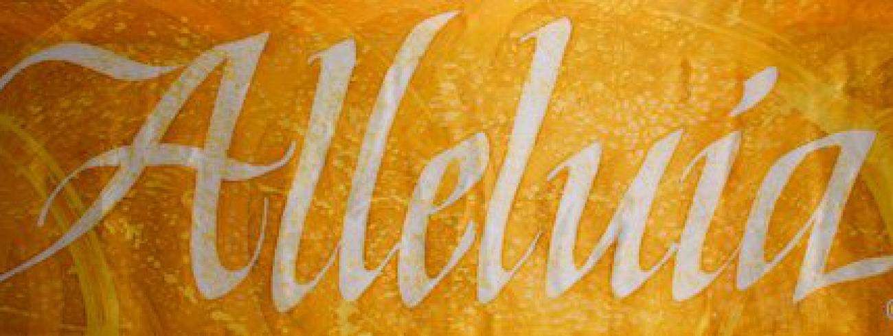 Hemelse lofzang © ©2013 Kristen Gilje Detail, St. Ignatius Alleluia, silk dye on silk, 13 feet by 30 inches, calligraphy designed by Laura Norton.