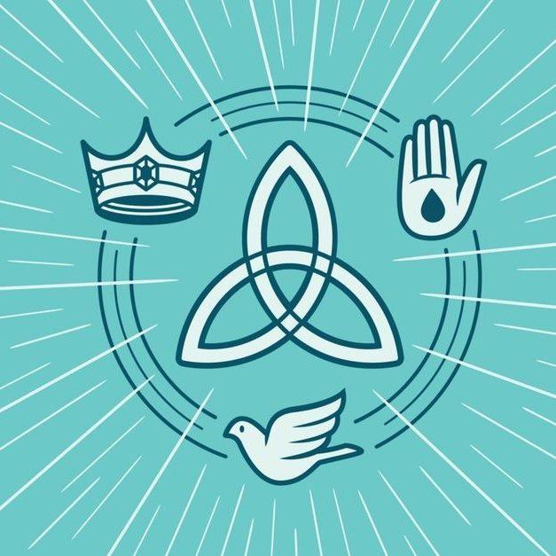 De heilige Drie-eenheid: Vader (kroon), Zoon (hand met stigmata) en heilige Geest (duif), alle drie God en toch verschillend van elkaar. © Christianity