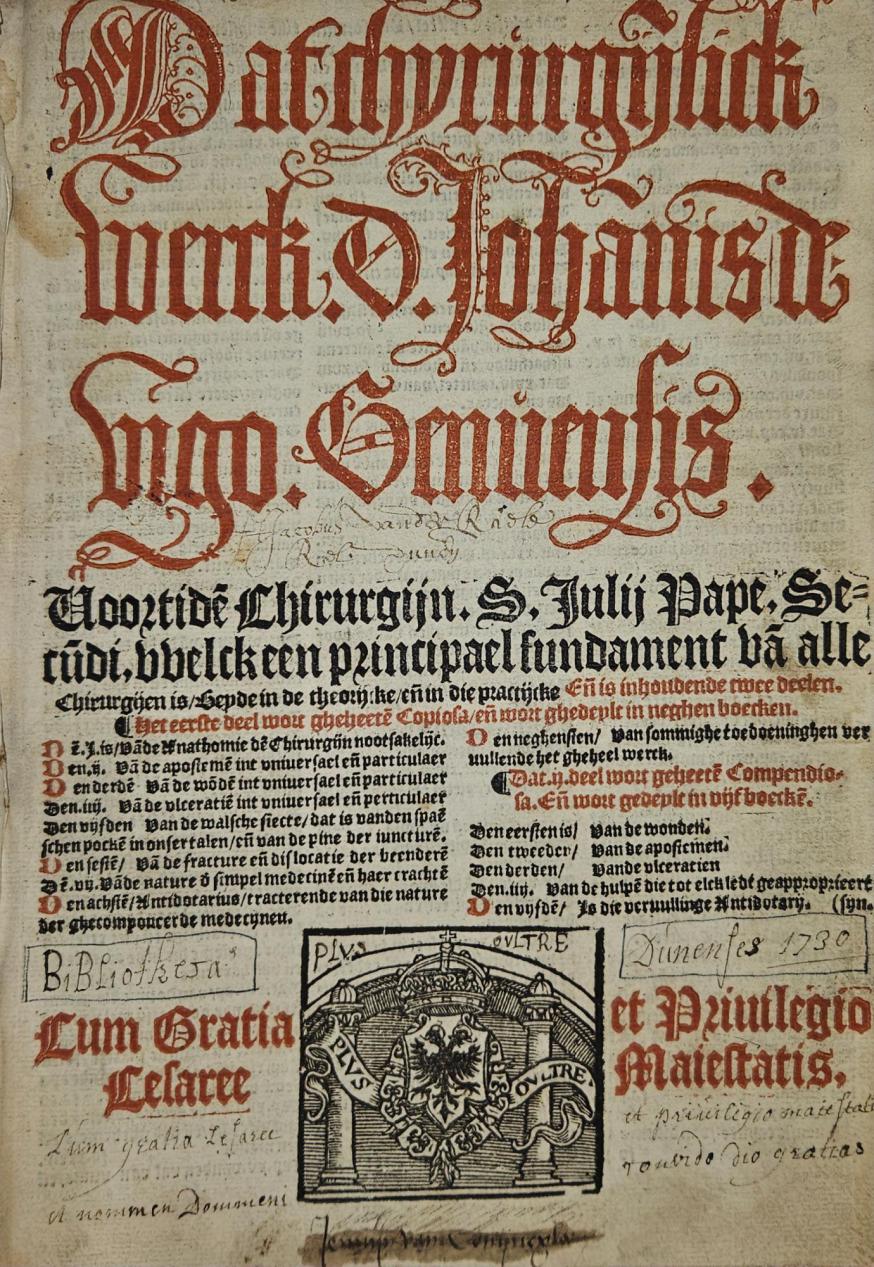 Titelpagina van Giovanni da Vigo’s “chyrurgijlick werck...” uit 1514, hier in Nederlandse vertaling uit 1533. © Bibliotheek Grootseminarie