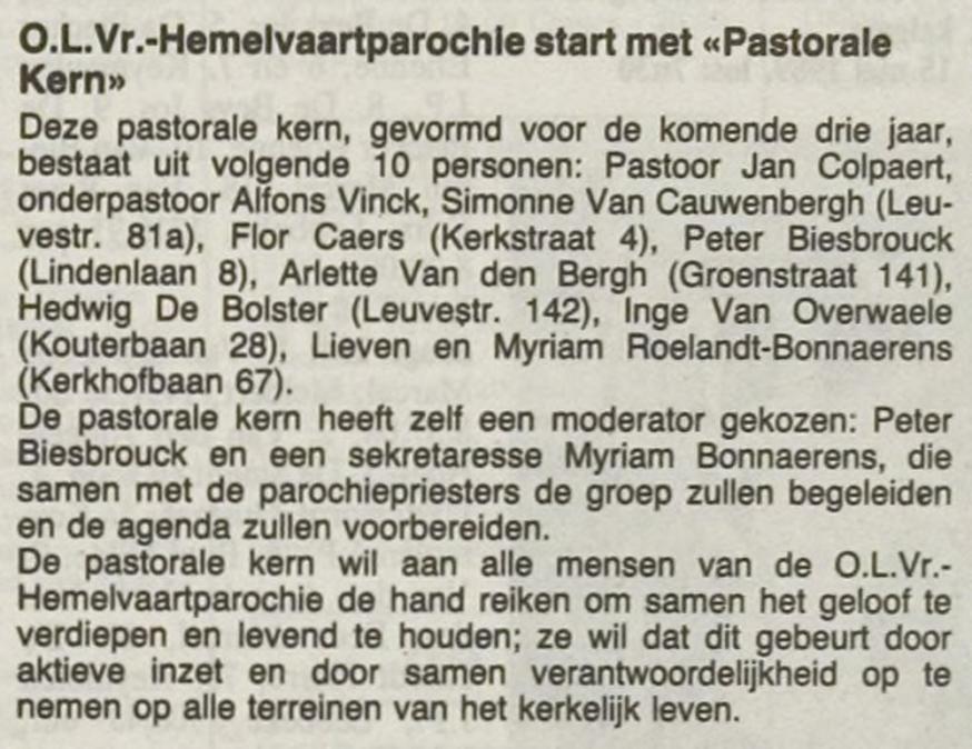 Oprichting van een pastorale kern in Erembodegem (mei 1989) 