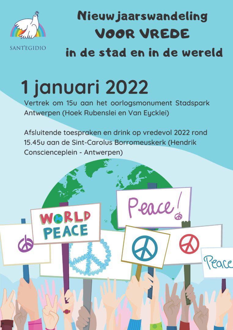 Affiche van de Vredeswandeling van Sant'Egidio op 1 januari 2022 in Antwerpen © Sant'Egidio