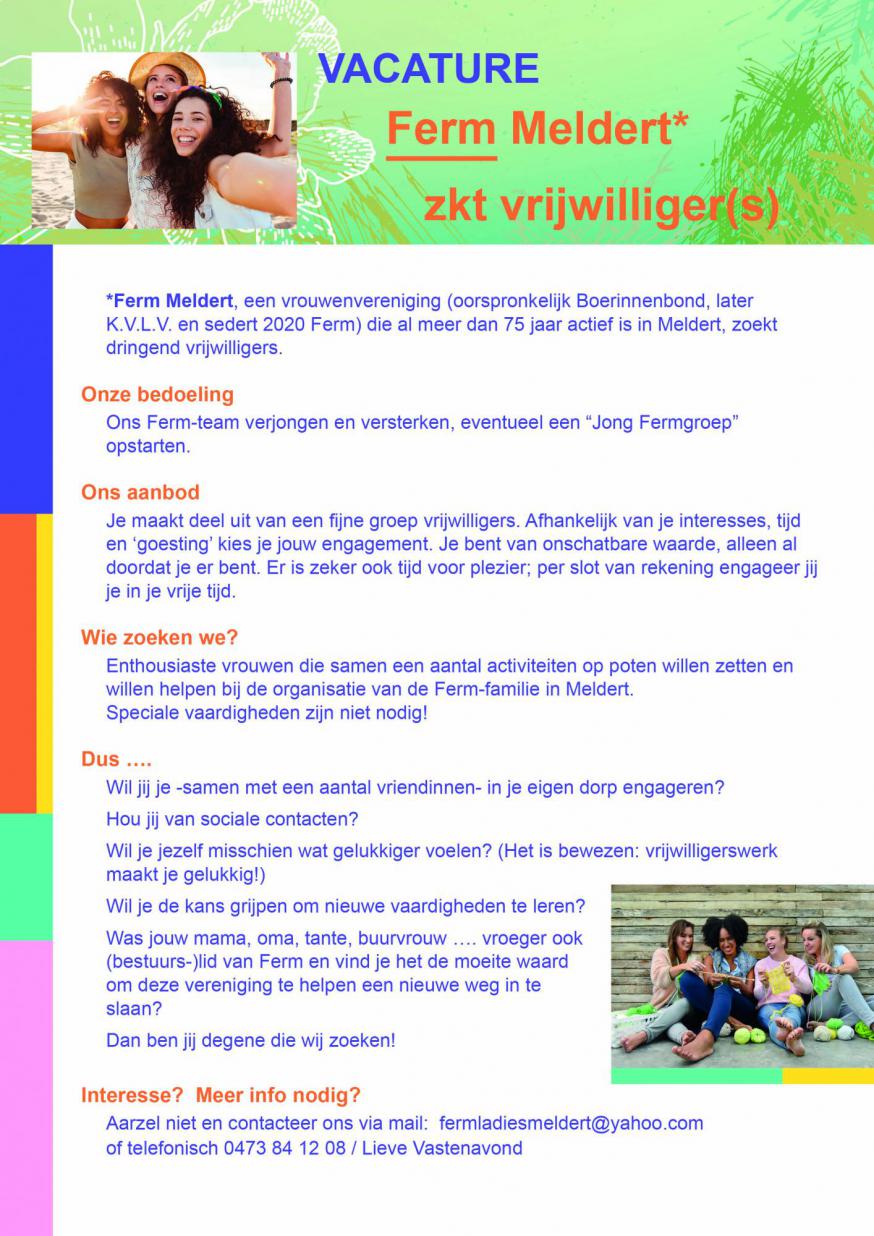 Ferm Meldert zkt vrijwilligers 