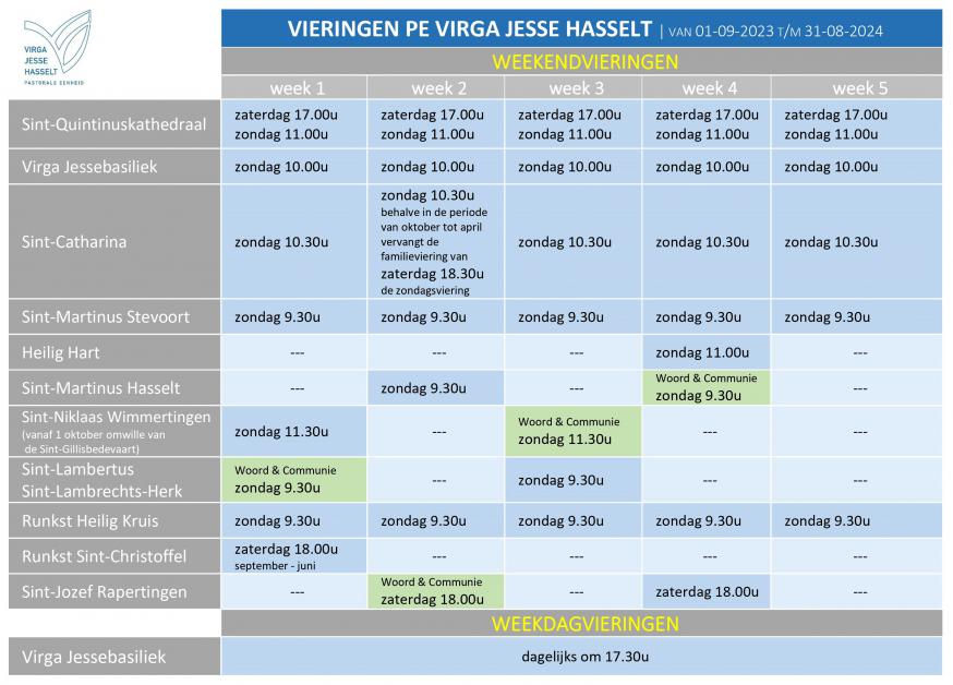 Schema vieringen PE Virga Jesse Hasselt (vanaf 01-09-2023) © @PE Virga Jesse Hasselt