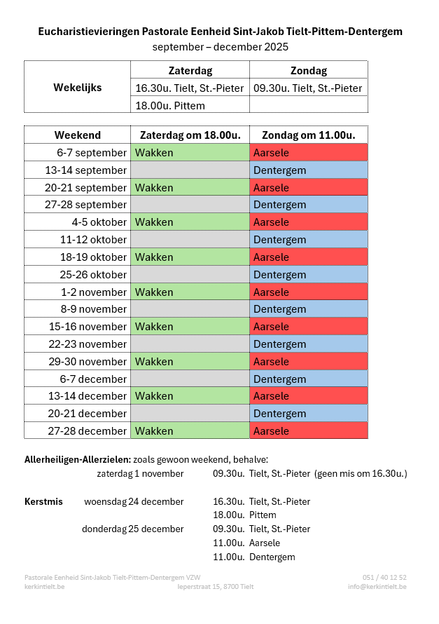 Eucharistievieringen september-december 2025 