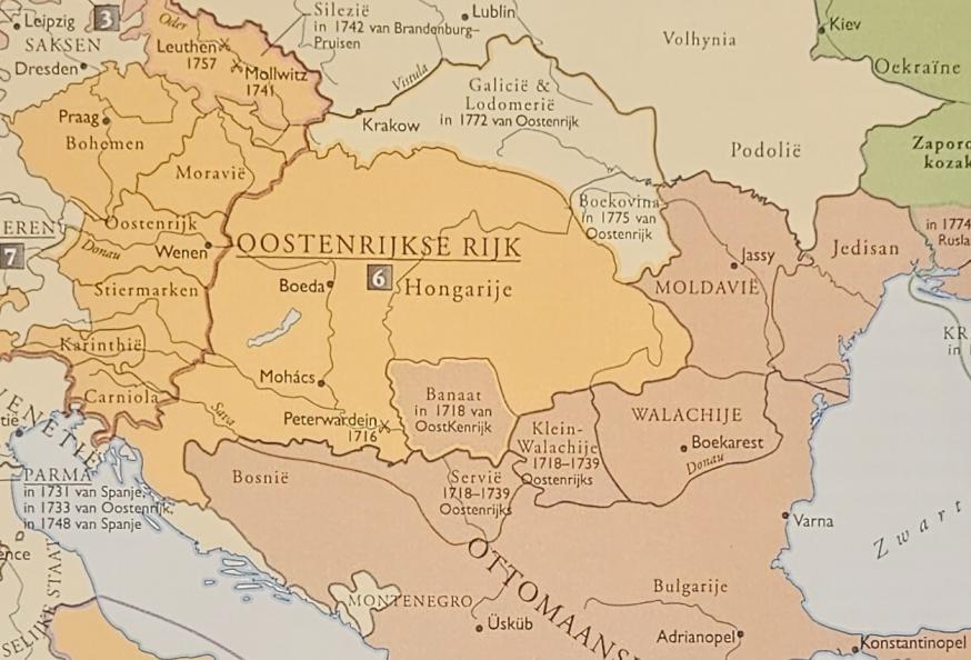 Oostenrijk-Hongarije in 1718 © Haywood, John, Atlas van de wereldgeschiedenis, Leuven Davidsfonds 1999, 4.14