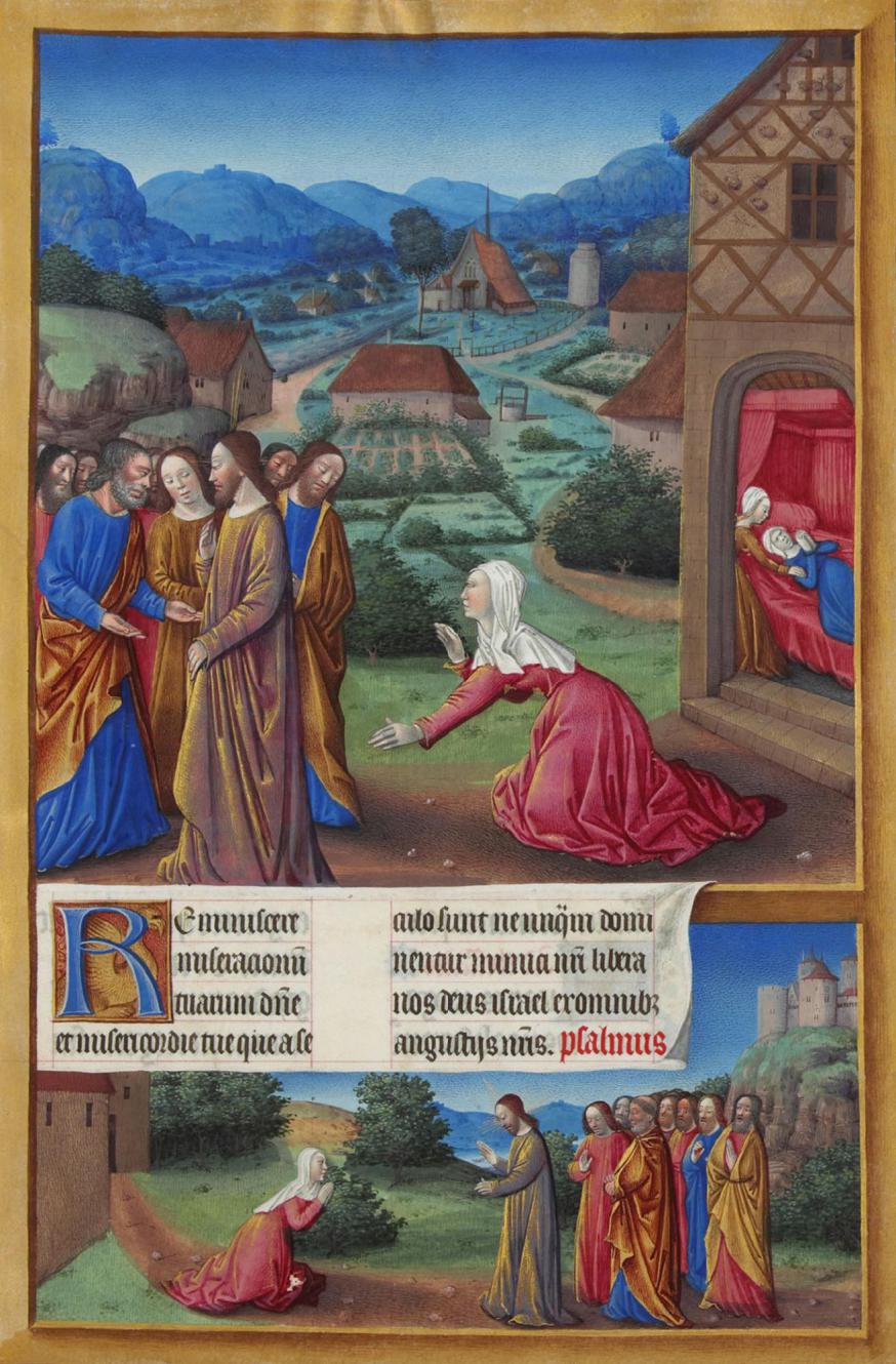 Jezus en de Kananese vrouw, Miniatuur door Jean Colombe, uit het getijdenboek 'Les très riches heures du Duc de Berry', 15de eeuw, Musée Condé, Chantilly, Frankrijk. 