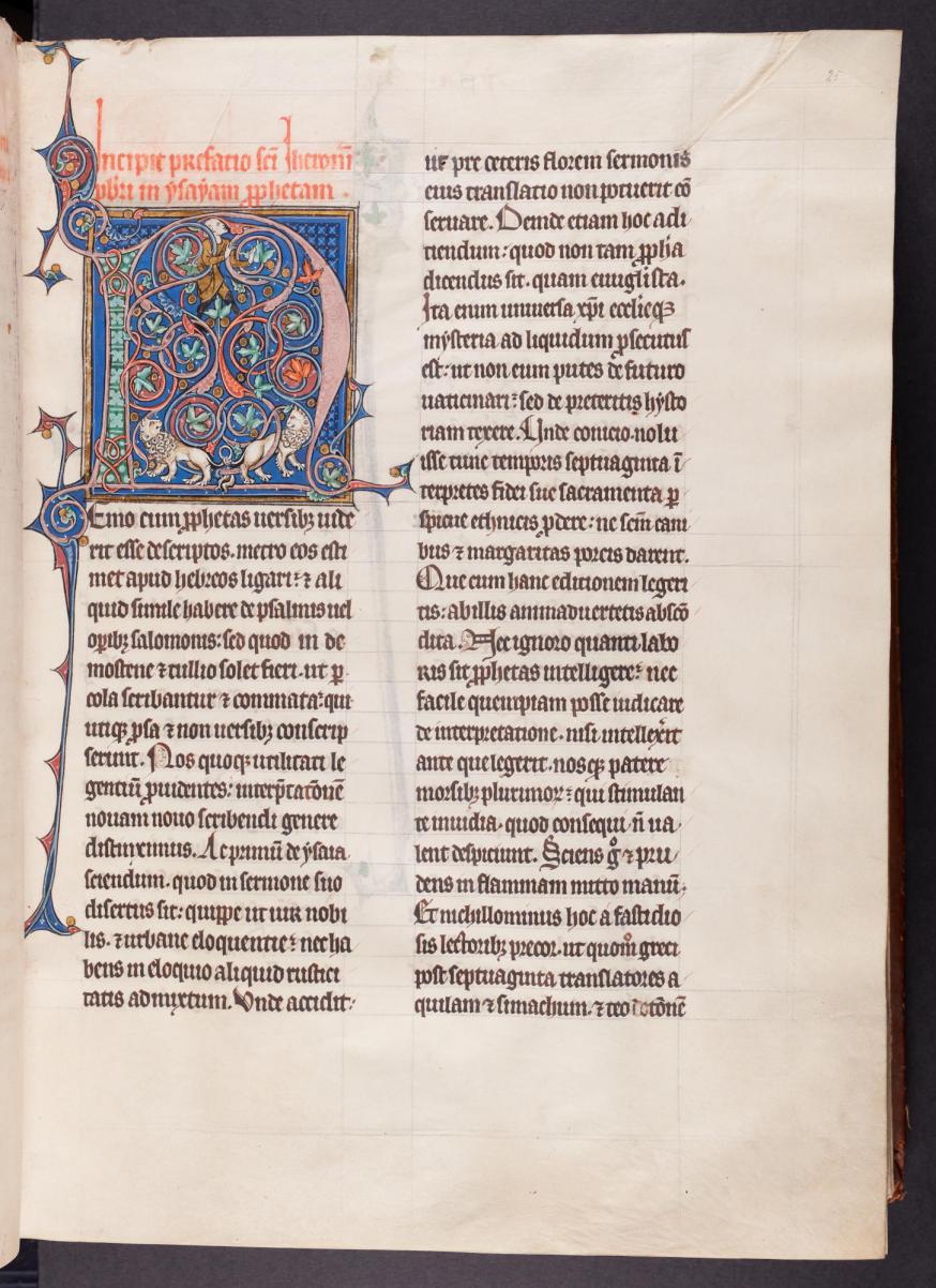 Een pagina uit de 13de- eeuwse Bijbel van Ter Doest. Proloog van Hiëronymus over boek Jesaja. Archief Grootseminarie Brugge, Ms. 5/191, fol. 25r. © stad Brugge