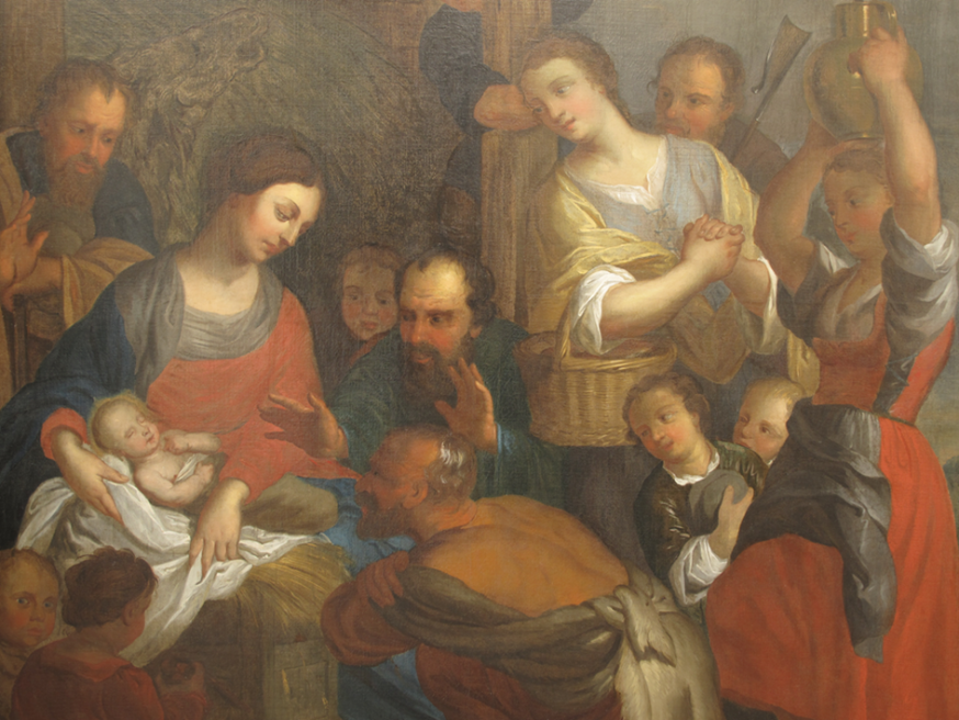 Aanbidding door de herders. Zijaltaar Sint-Pietersbandenkerk Erwetegem (Zottegem), anonieme meester, eind 17de-begin 18de eeuw. 