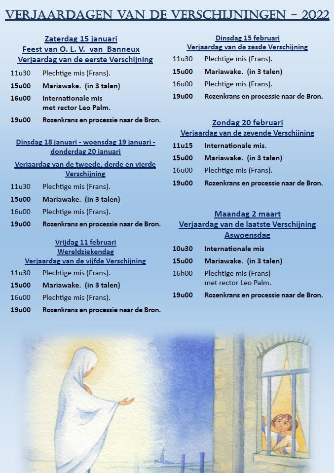 Affiche met de verjaardagen van de verschijningen in Banneux in 2022 © Banneux Notre-Dame Affiche met de verjaardagen van de verschijningen in Banneux in 2022 © Banneux Notre-Dame