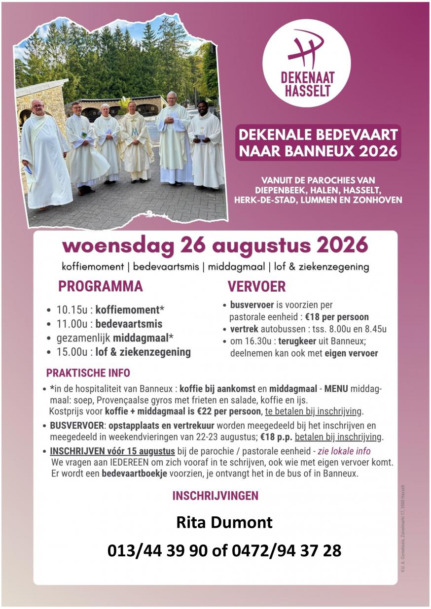 Dekenale bedevaart naar Banneux op 26/08/2026 