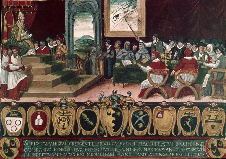 Paus Gregorius XIII zit de kalendercommissie voor © CC Archivio di Stato di Siena, Biccherna Tablet 72 via Wikimedia Commons