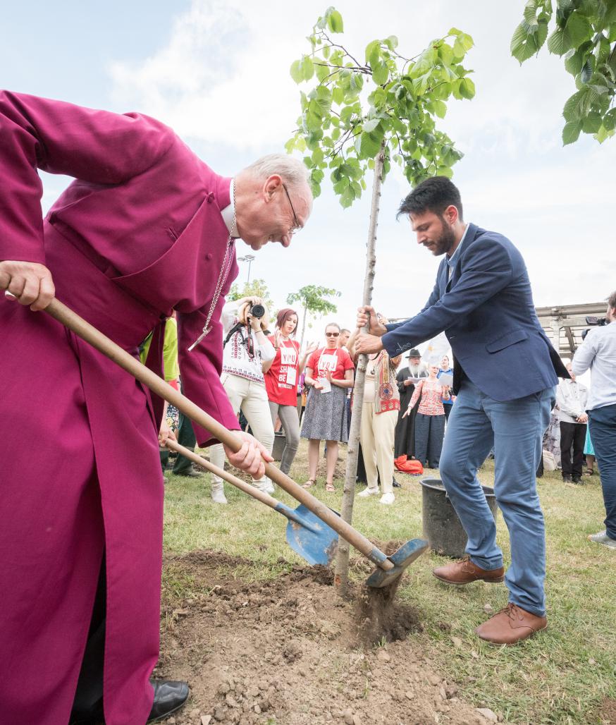 Uittredend CEK-voorzitter Christopher Hill plant een eerste vredesboom na de oecumenische pelgrimage langs de Donaubruggen van Novi Sad  © Albin Hillert/CEK