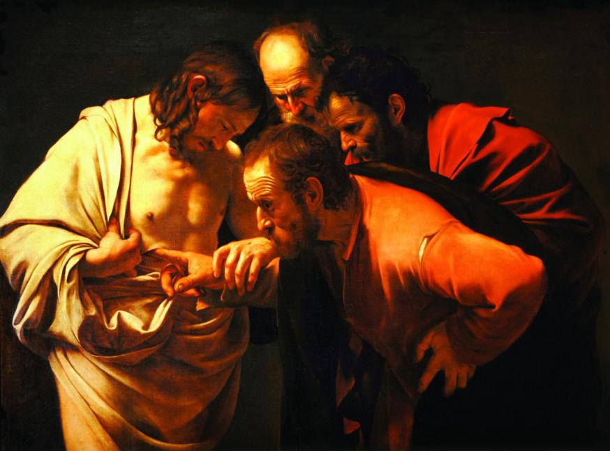 Waar was Thomas eigenlijk toen Christus zich een eerste keer toonde? Schilderij: Caravaggio, De ongelovige Thomas, 1602-03)  © Wikimedia