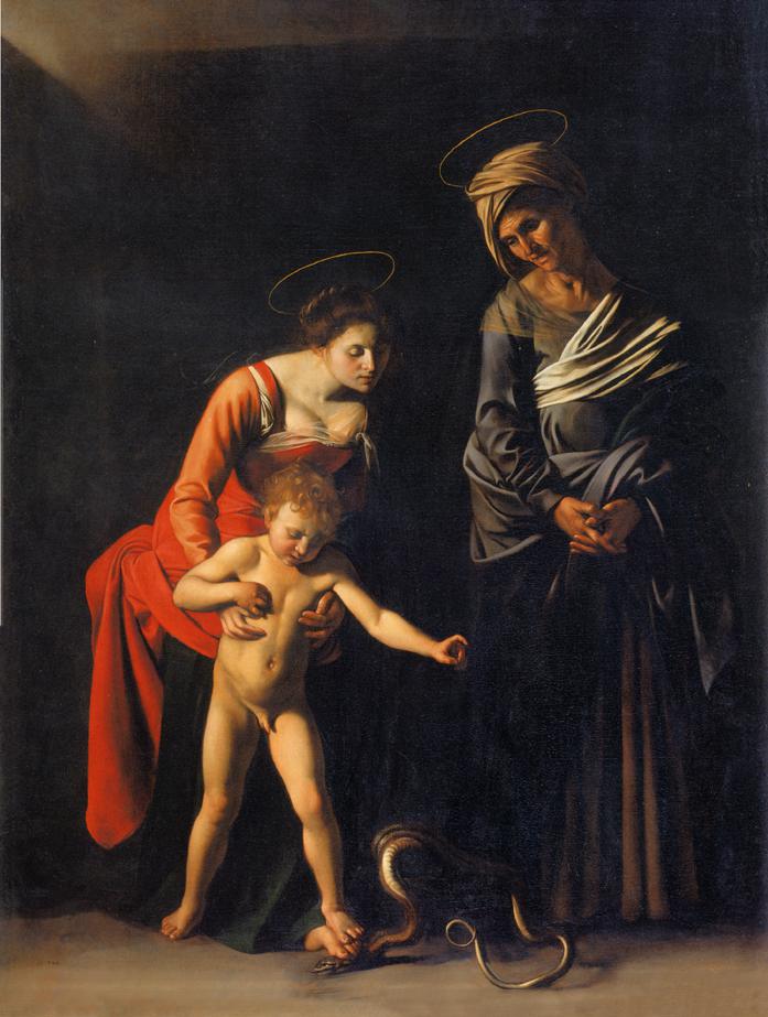In dit schilderij van Caravaggio vertrapt Maria samen met Jezus de slang die symbool staat voor de erfzonde. De heilige Anna, moeder van Maria, heeft er ook haar aandeel in. © Wikicommons In dit schilderij van Caravaggio vertrapt Maria samen met Jezus de slang die symbool staat voor de erfzonde. De heilige Anna, moeder van Maria, heeft er ook haar aandeel in. © Wikicommons