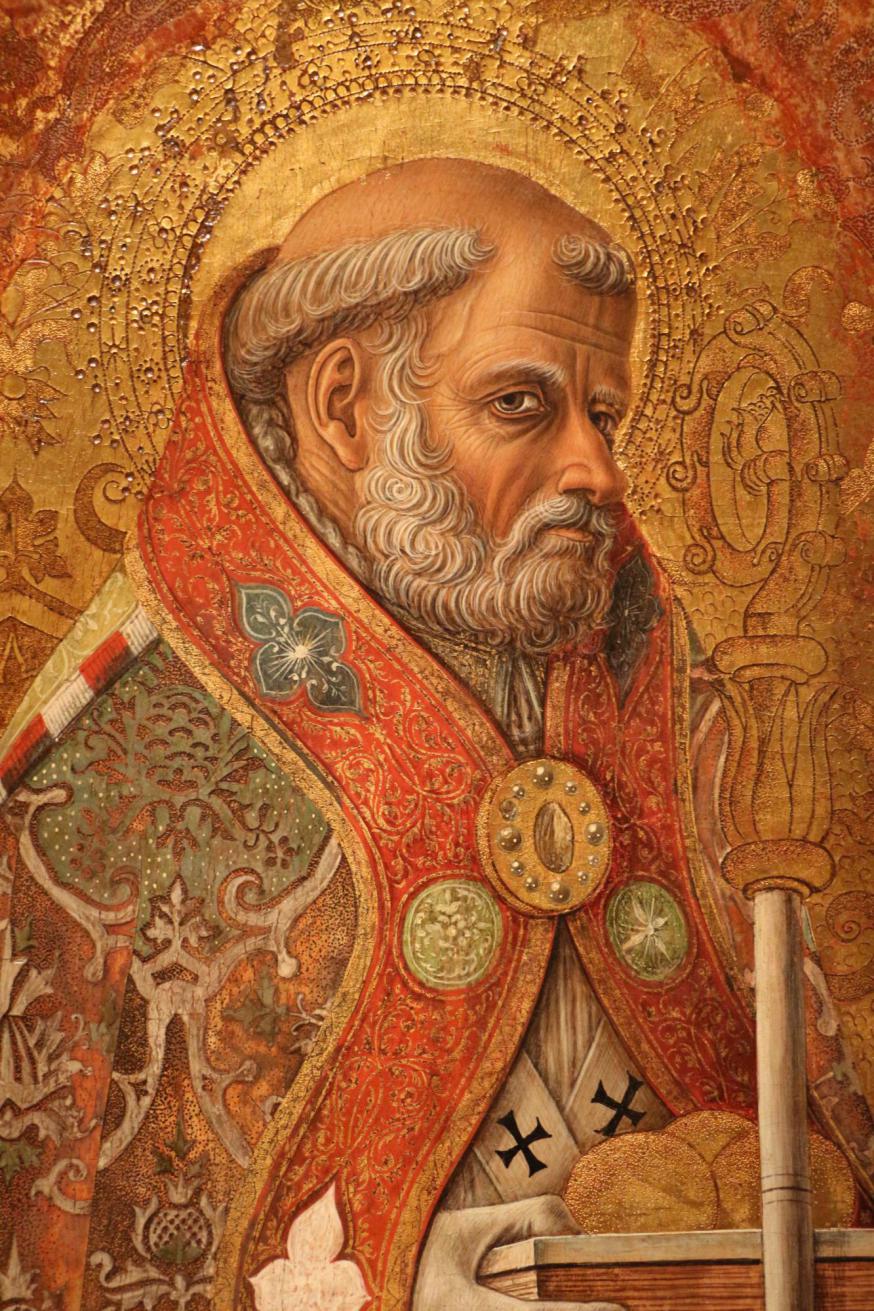 Sint-Nicolaas van Myra op een 15de-eeuws schilderij van de Venetiaan Carlo Crivelli. © Door Sailko - Eigen werk, CC BY 3.0,  https://commons.wikimedia.org/w/index.php?curid=65889771