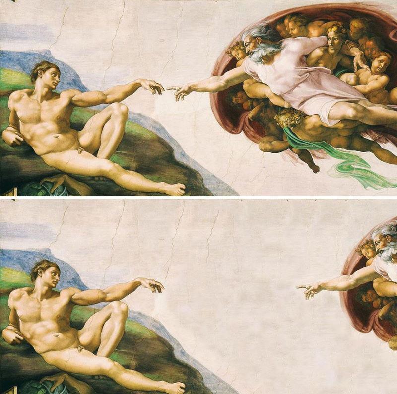 Michelangelo, The Creation of Adam (1512), edit: Til Kolare (2020) © Instagrampagina van Til Kolare (https://www.instagram.com/p/B-DO1akqXfJ/)