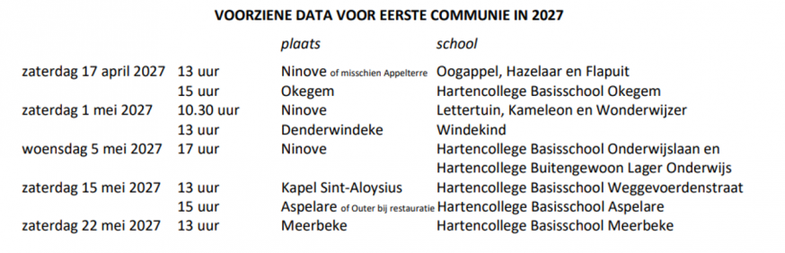 Voorziene data Eerste Communie 2027 in de Sint-Corneliusparochie Ninove © Alexander Vandaele