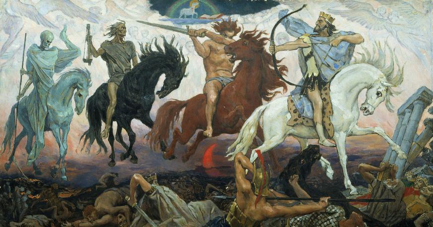 “De vier ruiters van de Apocalyps” (1887) door Viktor Vesnetsov: een beeld uit het zesde hoofdstuk waarin de 'dag des oordeels' wordt aangekondigd 