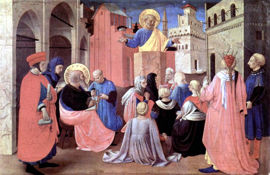 De evangelist Marcus noteert tijdens de prediking van Petrus - Fra Angelico 1433, San Marco Firenze © Bijbel in 1000 seconden, Chantal Leterme