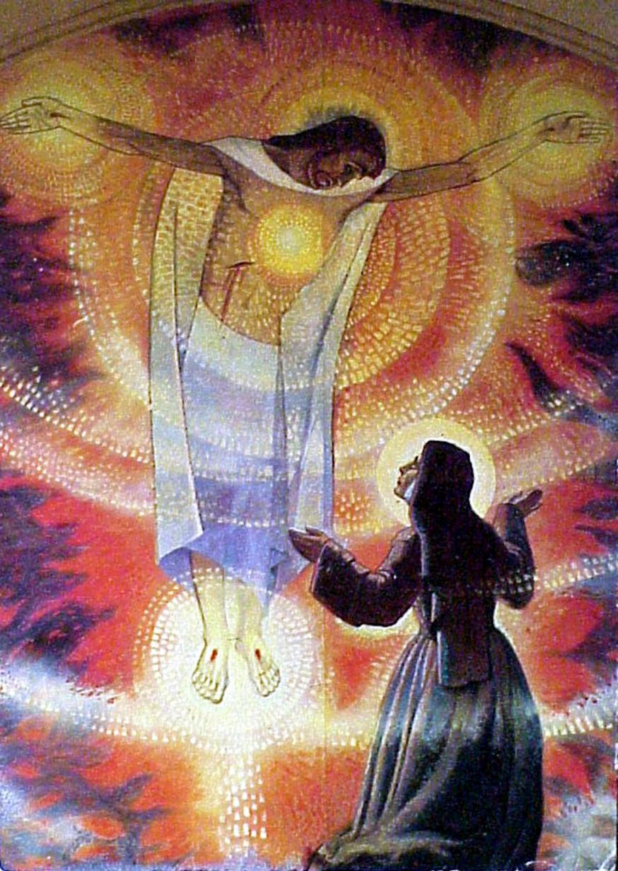 Jezus verschijnt aan Margaretha-Maria Alacoque en wijst op zijn verheerlijkte wonden die schitteren als zonnen 