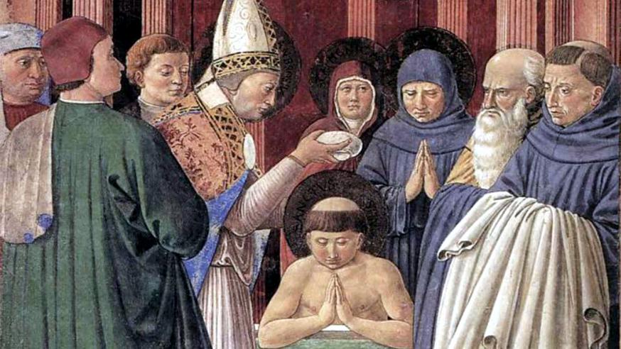 Ambrosius doopt Augustinus, fresco van Benezzo Gozolli, 1464, Augustinuskerk San Gimignano 