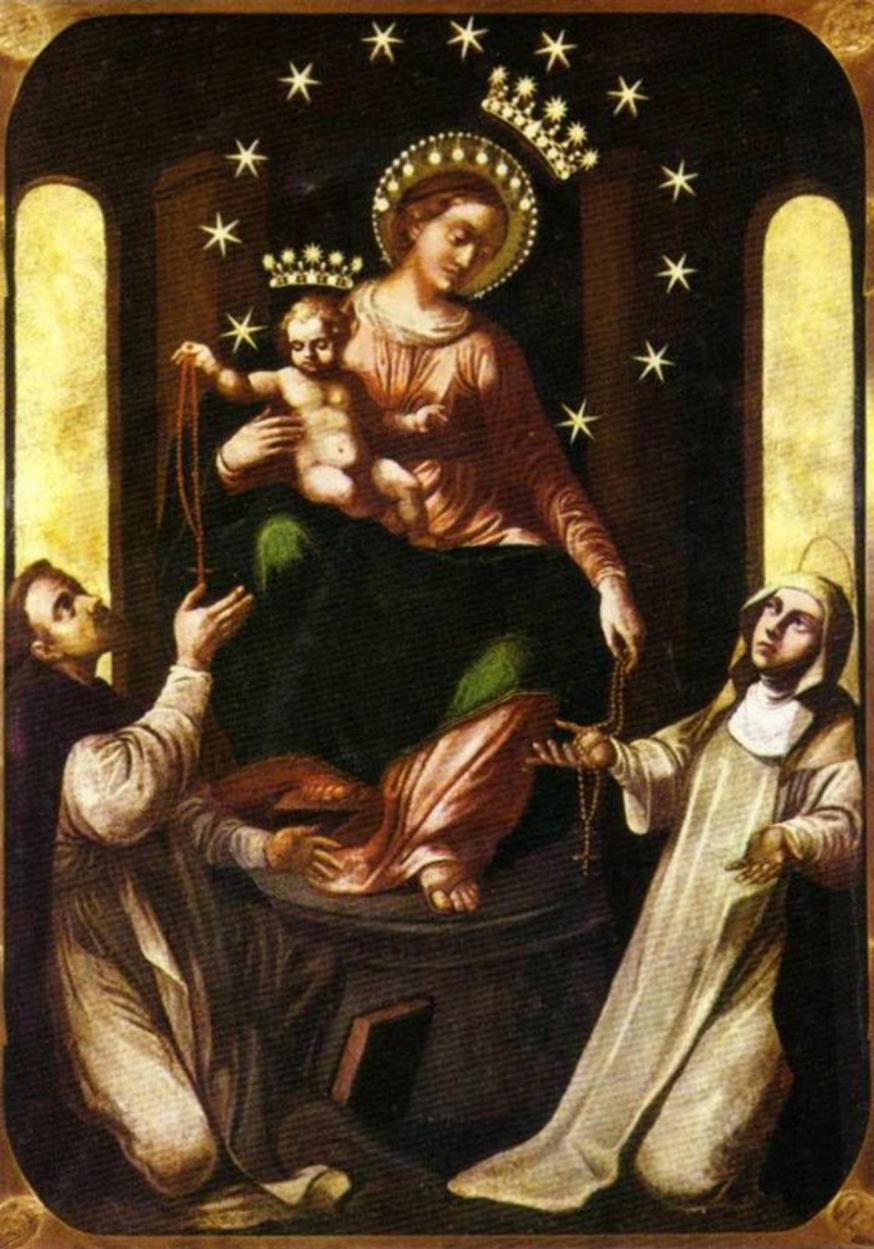 Onze-Lieve-Vrouw geeft de rozenkrans aan Dominicus en Catharina van Siëna, Pompeï 