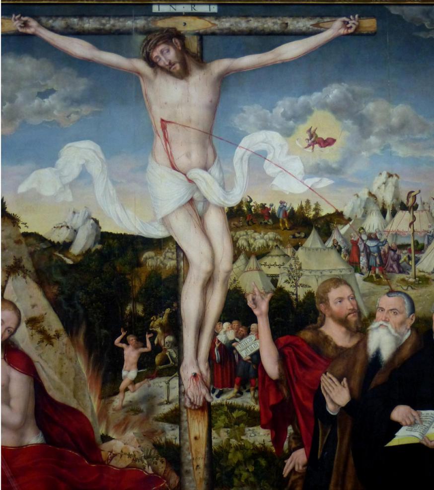 Christus aan het kruis, Lukas Cranach, Altaarluik Stadskerk St.-Pieter en Paulus, Weimar © Image