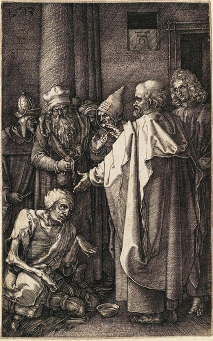 Petrus en Johannes genezen een kreupele, Albrecht Dürer, 1513, gravure, William J. Collins Collection 