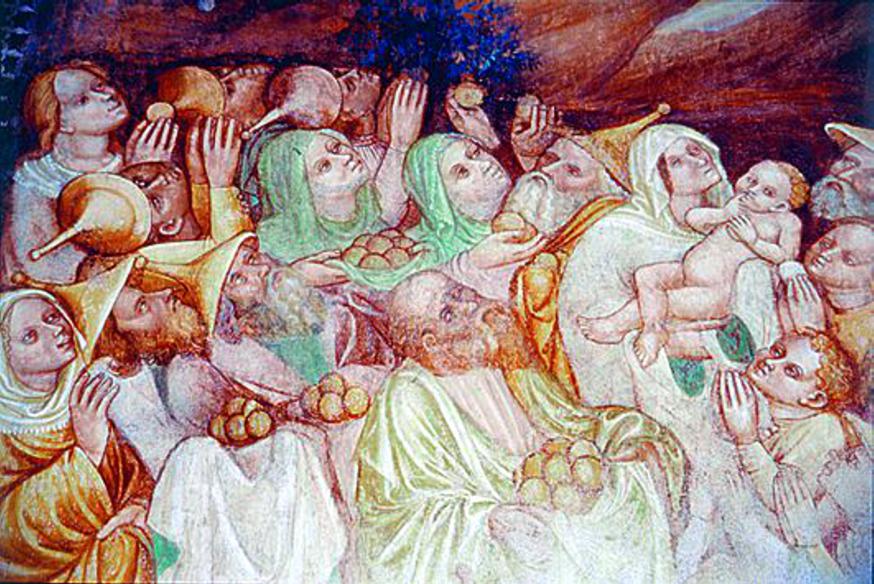 Mensen hongeren naar brood, fresco in de Kerk van Riffian © Hans Brunner