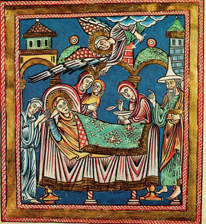 Geboorte van Maria, 14de-eeuwse boekverluchting, Badische Landesbibliothek, Karlsruhe 