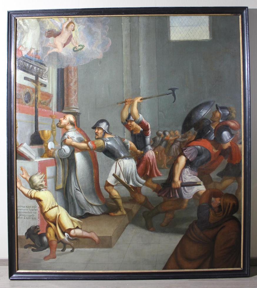 Moord op priester Fredegerus, schilderij in de Sint-Pieterskapel door F. Cuyl, 1698 