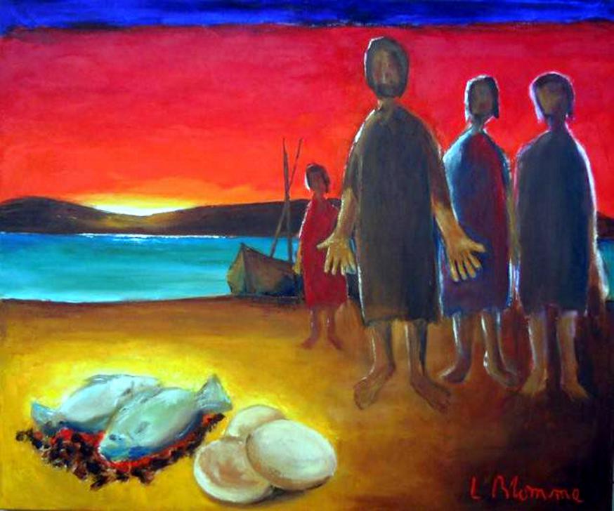 Een houtskoolvuur met vis erop en brood © Bisdom Antwerpen