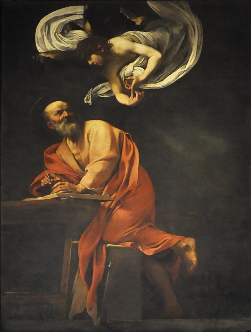 Matteüs en de engel als symbool, Caravaggio, 1602, San Luigi dei Francesi, Rome 