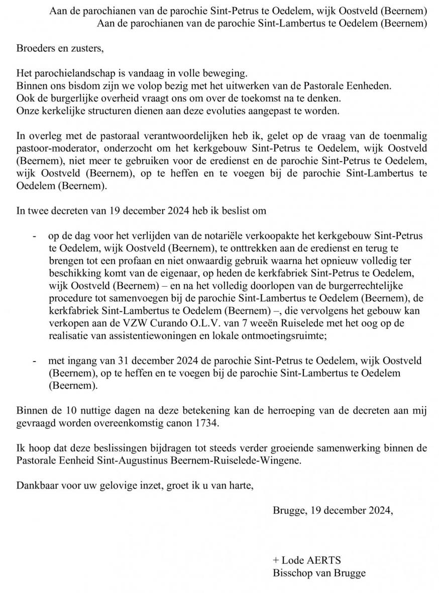 brief van de Bisschop van Brugge 