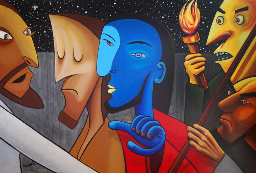 Judas kust Jezus, een schilderij van Chris Cook.  © Judas kust Jezus, een schilderij van Chris Cook. 