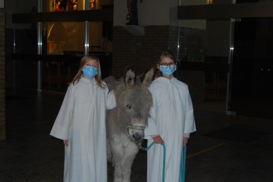 Misdienaars Manon en Elene waren helemaal fan van Bijbel en poseerden dan ook maar al te graag met deze ezel die helemaal niet koppig is.  © Kerk in Zwevegem / Communicatie / Palmzondag 2021