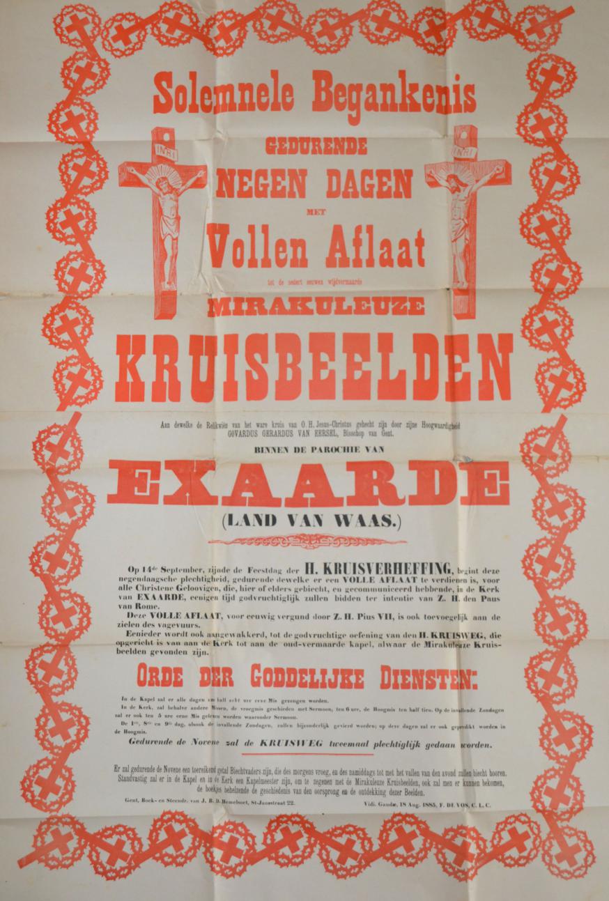 Een oude affiche om de kruisnoveen aan te kondigen, gedrukt door de “Boek- en Steendr. van J.B. Hemelsoet in de St. Jansstraat 22 (in Gent?). Let op de aankondiging van de “solemnele begankenis”. 