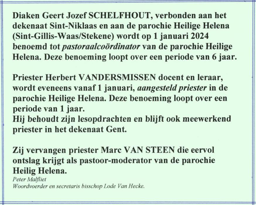Parochie H. Helena: benoemingen 