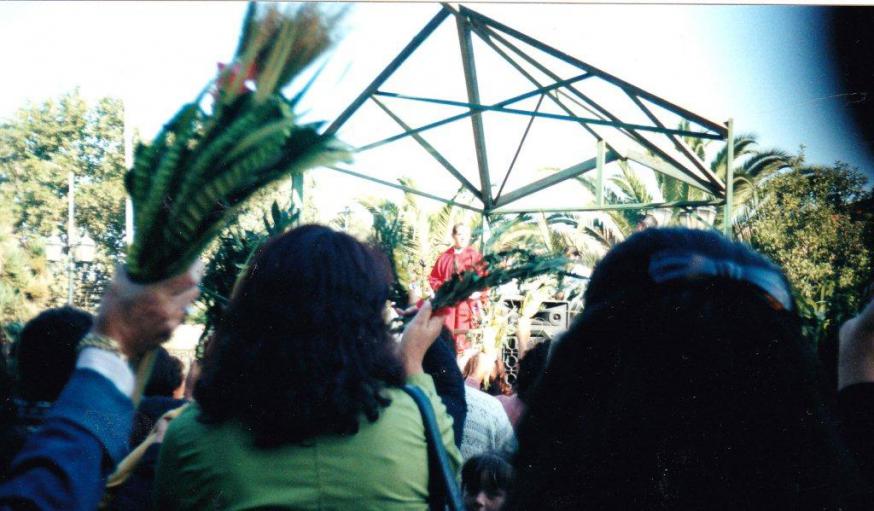 Palmzondag in de parochie Nino Dios van Malloco. De dienst gaat door door in open lucht op de markt. De gelovigen wuiven met de meegebrachte palmtakken. 