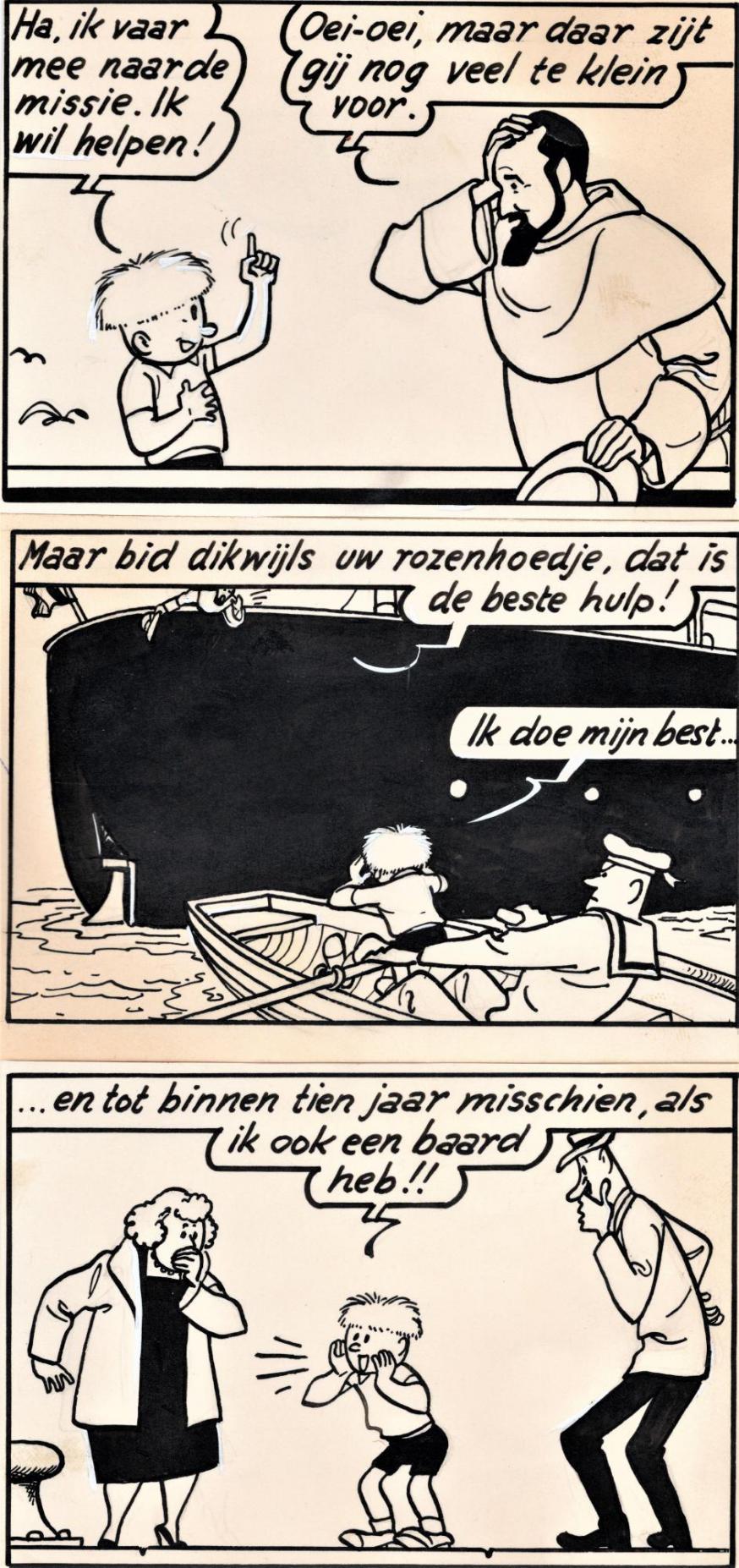 Originele tekening door Jef Nijs (1960 – stripboek “De Grote Zwartrok)).  Deze tekening verscheen in het parochieblad ter gelegenheid van Missiezondag. 