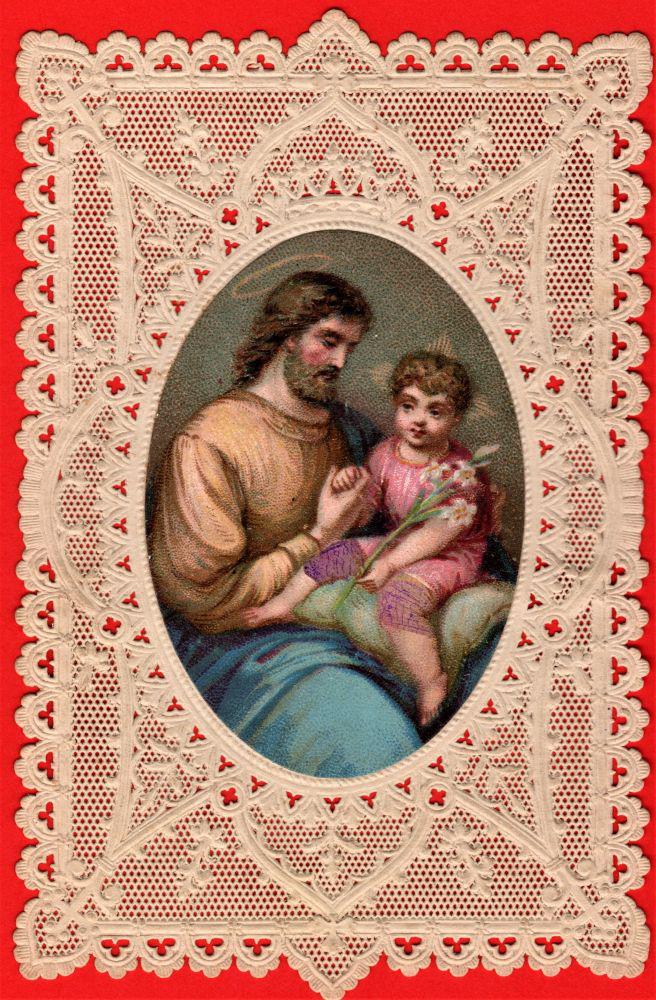Zeer oud bidprentje van Sint-Jozef met op de achterzijde een Franstalig gebedje (coll. Maria DK) 
